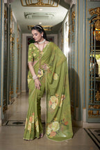 Vastranavya Mehendi Spectacular Georgette Printed with Pearl Lace Saree with Unstitched Blouse - Distacart