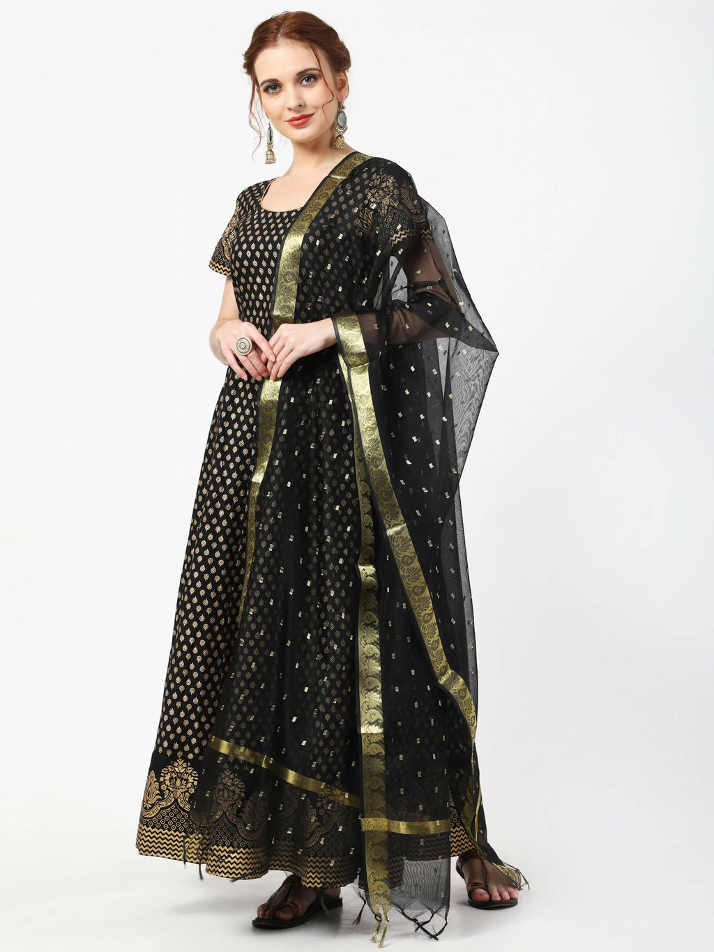 Cheera Women's Black Cotton Hand Block Print Long Dress With Silk Dupatta Set