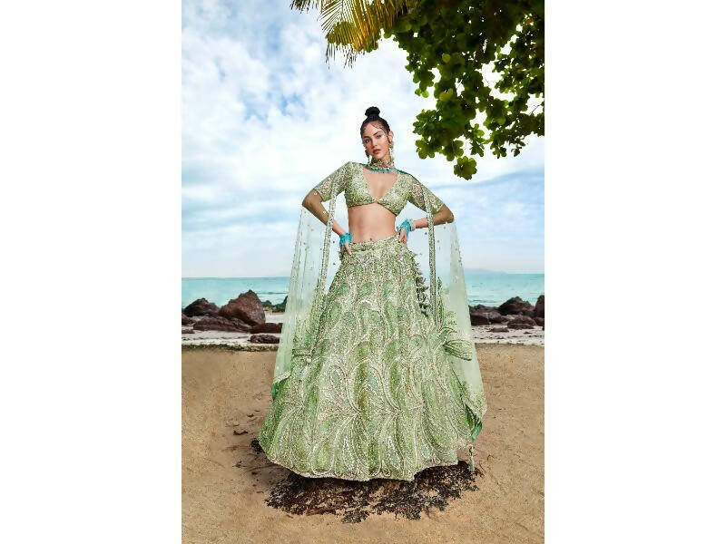 House of Panchhi Lime green Net Multi Sequins with heavy Zarkan embroidery Lehenga choli & Dupatta