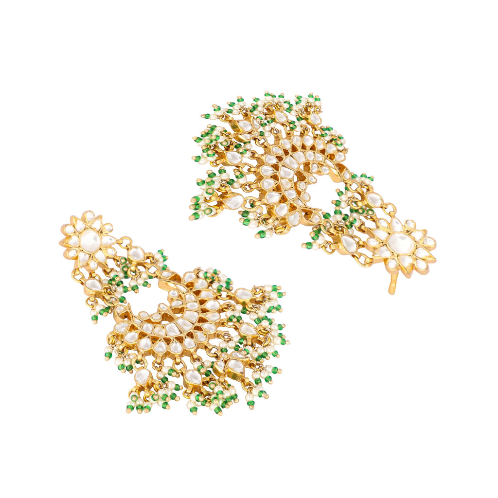 Nuyug 22K Gold-Plated Kundan & Pearl Studded Crescent Shaped Green Beads Chandbalis - Distacart
