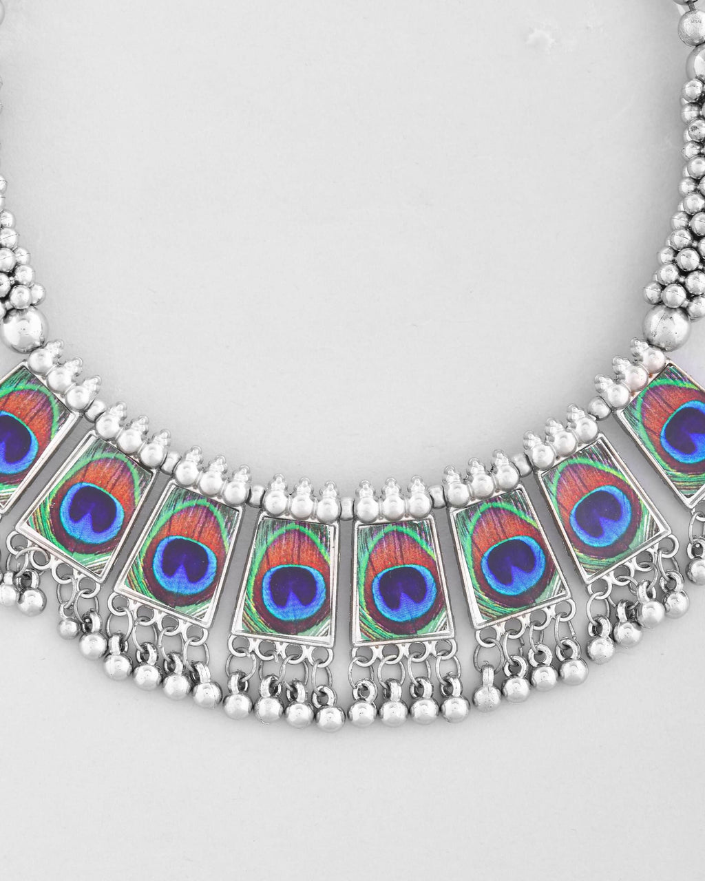 VOJ Silver Plated Oxidized Peacock Print Hasli with Earring Set