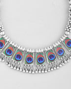 VOJ Silver Plated Oxidized Peacock Print Hasli with Earring Set