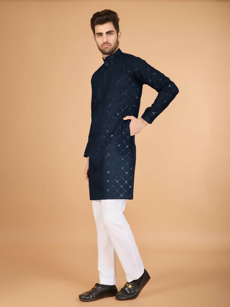 Vastranavya Navy Blue Exclusive Festival Wear Viscose Silk Thread & Sequence Embroidered Work Kurta with Dupatta