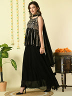 Myshka Women's Black Georgette Top & Skirt With Dupatta Party Sets