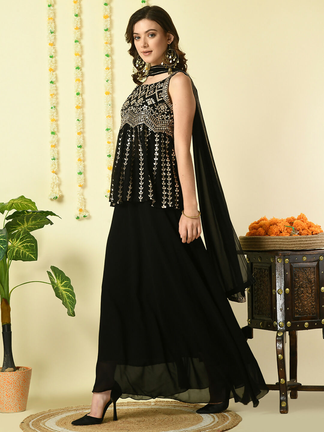 Myshka Women's Black Georgette Top & Skirt With Dupatta Party Sets