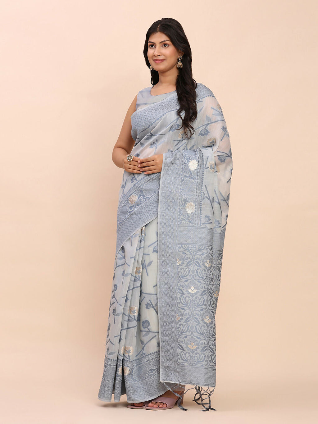 Shree Shyam Fashion Linen Cotton Grey Saree - Distacart