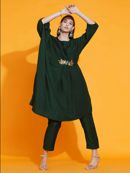 Women Republic Green Fusion Style Kurta With Hand Embellishment And Pants