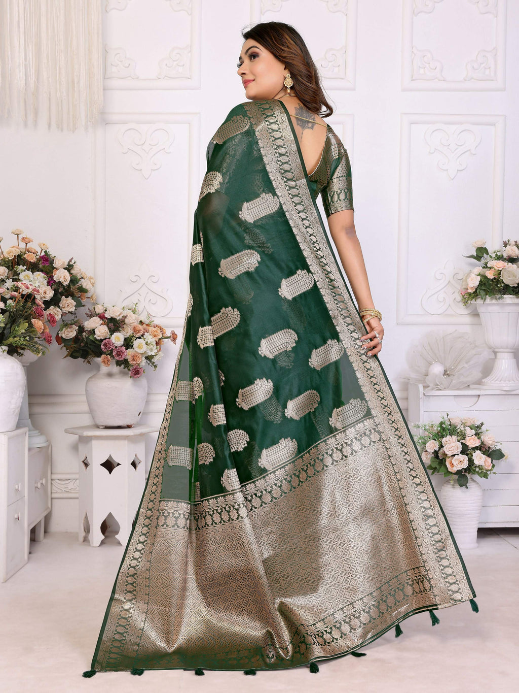 Aastha Fashion Green Soft Organza Silk Weaving Saree - Distacart