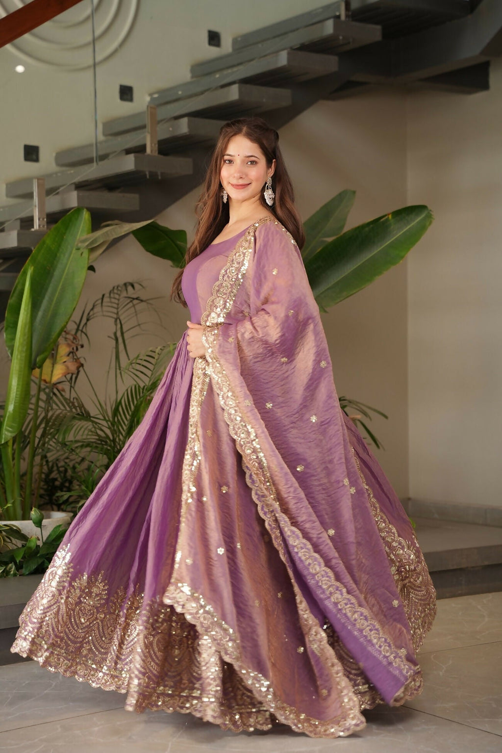 Teeya Creation Onion Color Fendy Silk Wedding Wear Embroidery Work Long Gown - Distacart