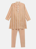 Ahalyaa Beige Chanderi Gold Foil Print Kids Kurta Churidar Set For Boys