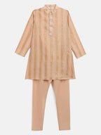 Ahalyaa Beige Chanderi Gold Foil Print Kids Kurta Churidar Set For Boys