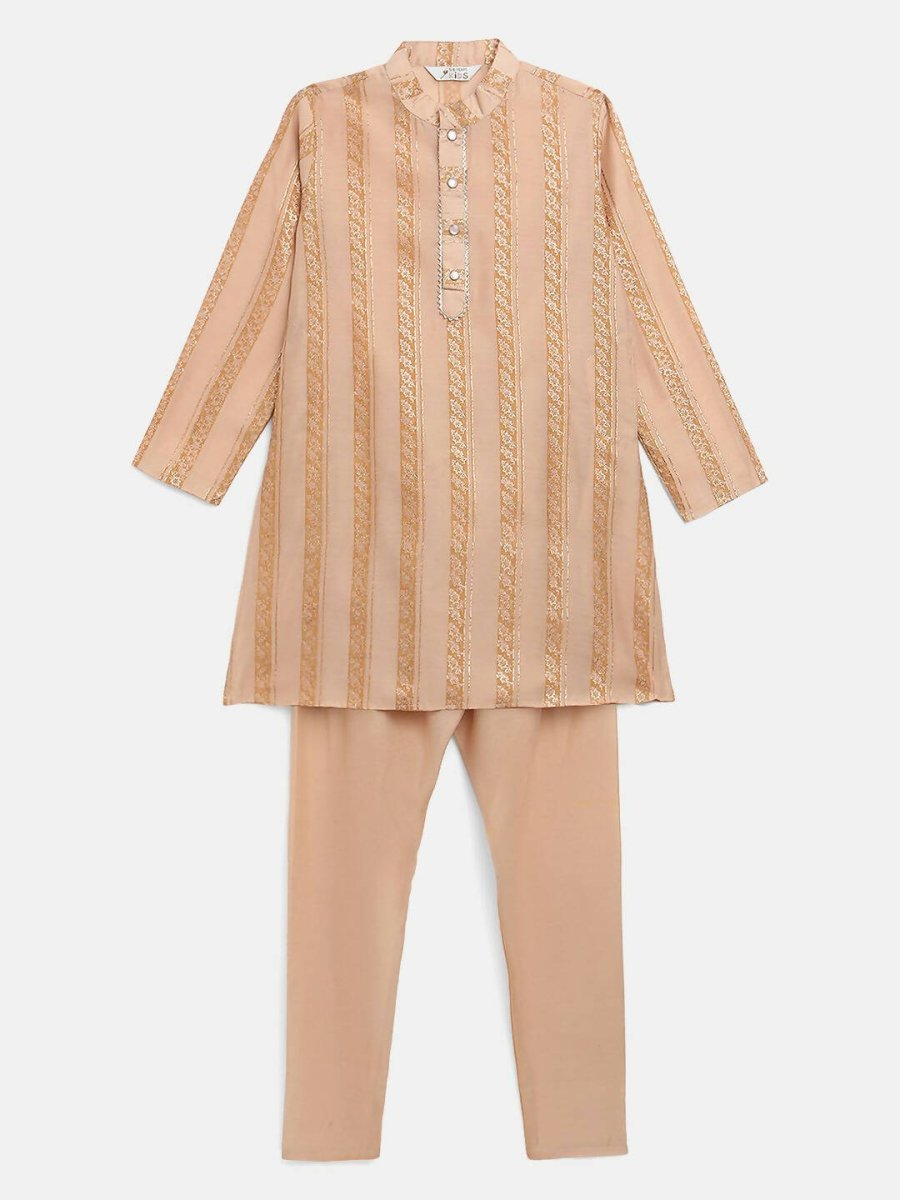Ahalyaa Beige Chanderi Gold Foil Print Kids Kurta Churidar Set For Boys