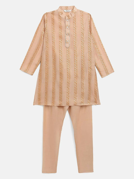 Ahalyaa Beige Chanderi Gold Foil Print Kids Kurta Churidar Set For Boys