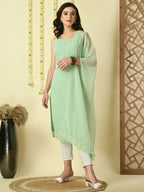 Myshka Women's Green Georgette Sleeveless Straight Party Kurta With Dupatta Set