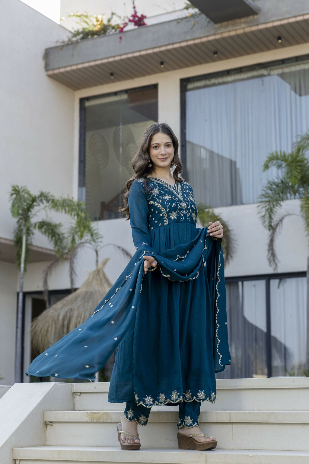 The52 Women's Beautiful Embroidery Work Vichitra Silk Fabric Flared Anarkali Pant and Dupatta Set - Distacart