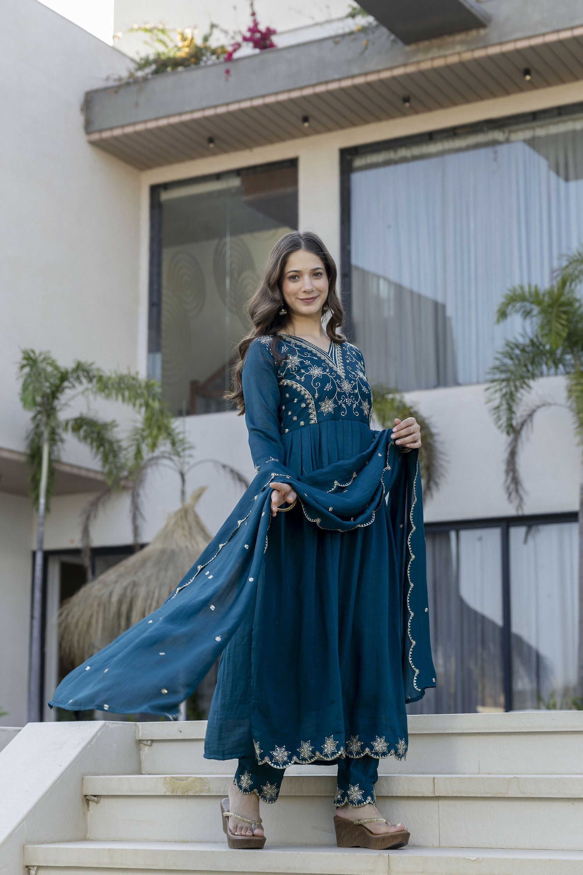 The52 Women's Beautiful Embroidery Work Vichitra Silk Fabric Flared Anarkali Pant and Dupatta Set - Distacart