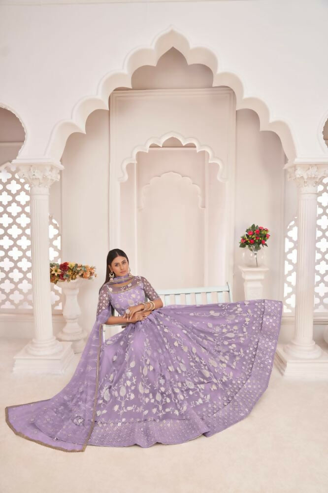 Aastha Fashion Lavender Butterfly Net White Cotton Thread Work, Zari Work And Sandwich Sequence Work Embroidery Wedding Wear Lehenga Choli