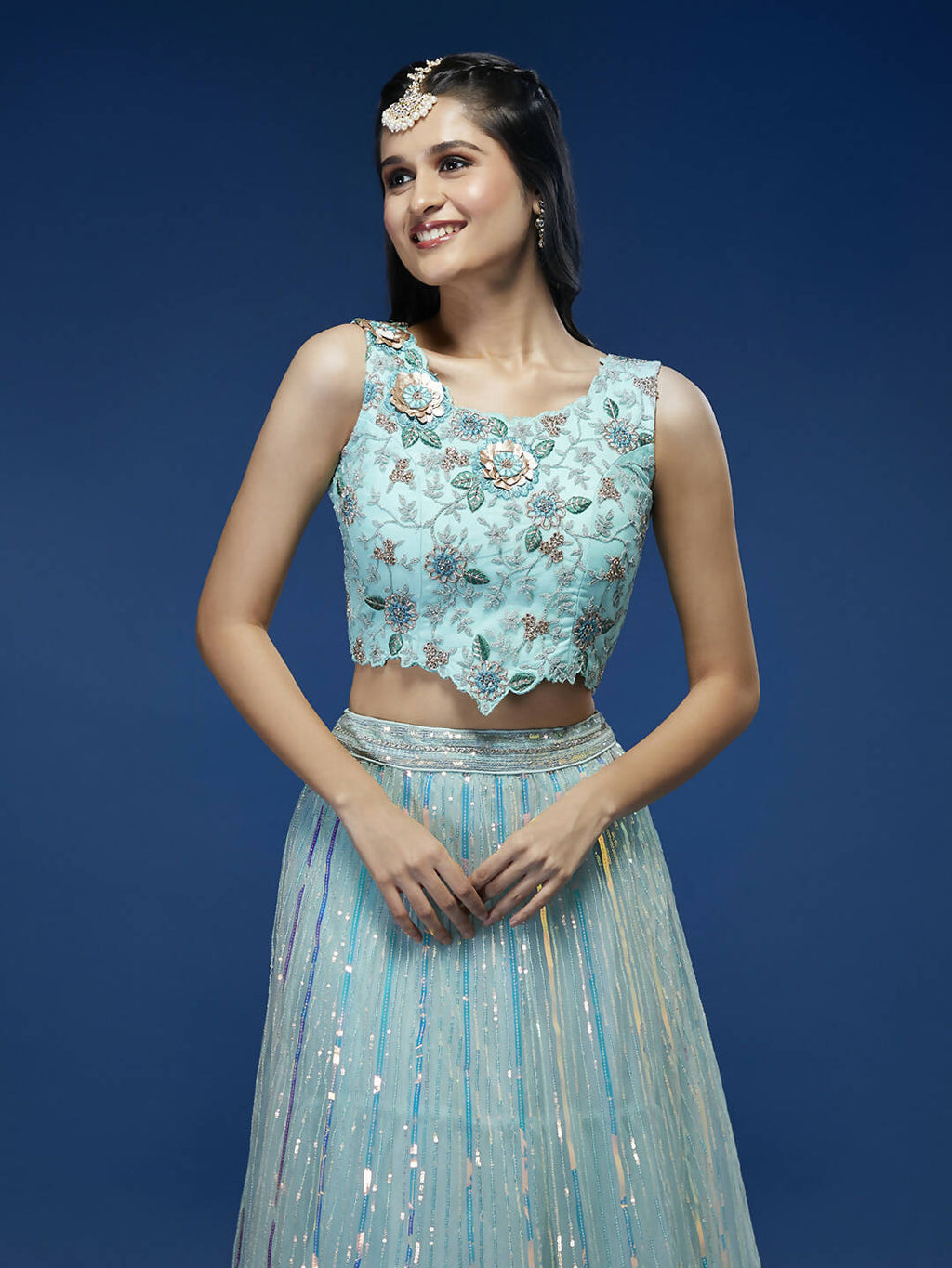 House of Panchhi Turquoise Blue Net Sequinse Work Lehenga & Blouse, Dupatta