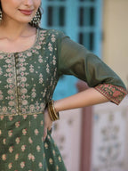 Juniper Women Olive Chanderi Printed Maxi Dress with Embroidered Yoke - Distacart