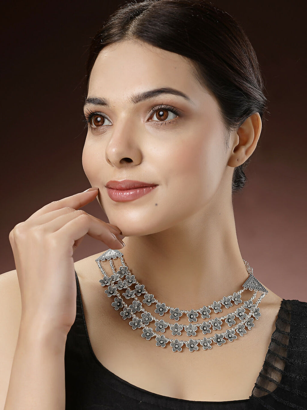 NVR Women's 3 Layered Floral Shape Artificial Beads German Silver Oxidised Necklace