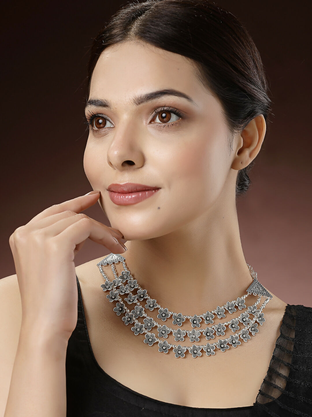 NVR Women's 3 Layered Floral Shape Artificial Beads German Silver Oxidised Necklace