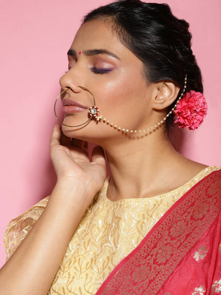 Gold-Pleated Red White Kundan Studded Beaded Chained Nosepin - Ruby Raang