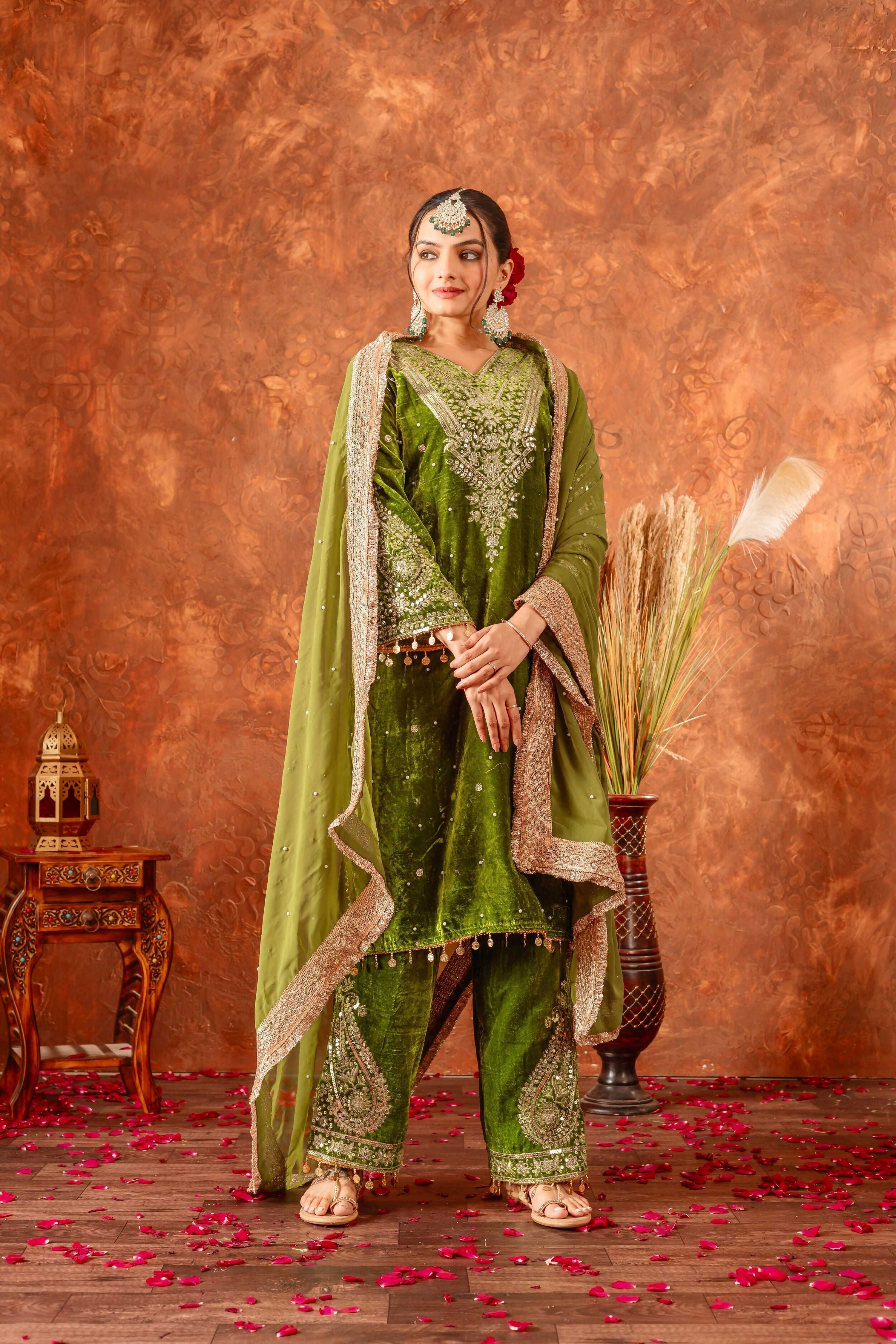 Teeya Creation Green Color Velvet Silk Embroidery Work Party Wear Suit - Distacart