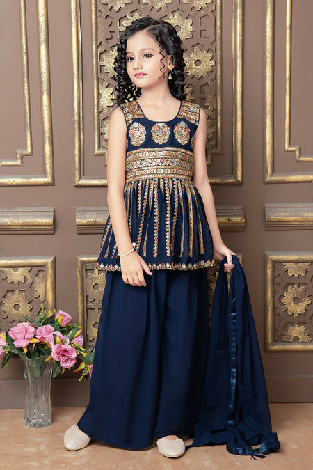 Kids Wedding Designer Blue Faux Georgette Sharara Suit - Aaradhna