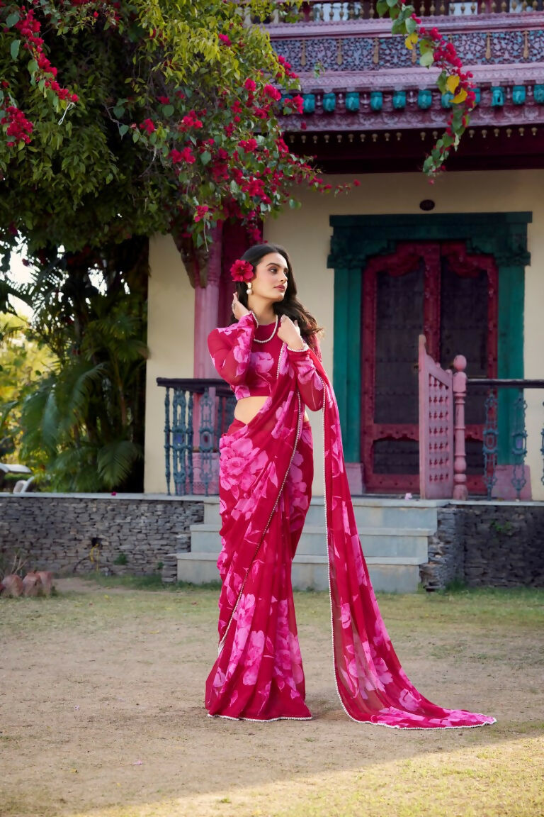 Vastranavya Pink Chiffon Floral Printed & Pearl Lace Border Saree with Unstitched Blouse