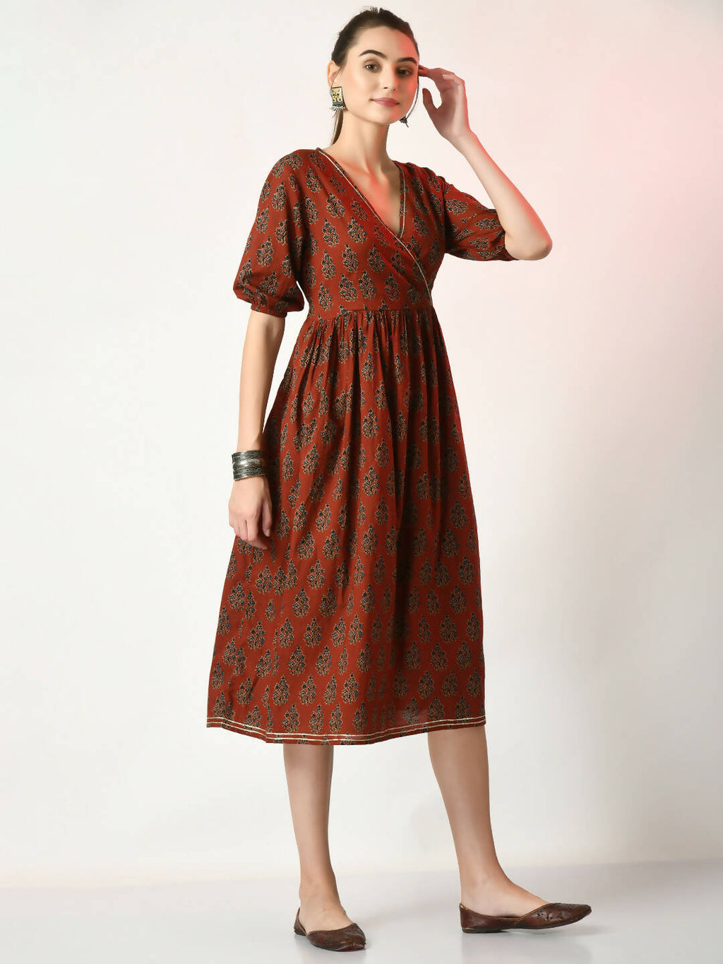 Myshka Women's Rust Empire Printed Dress - Distacart