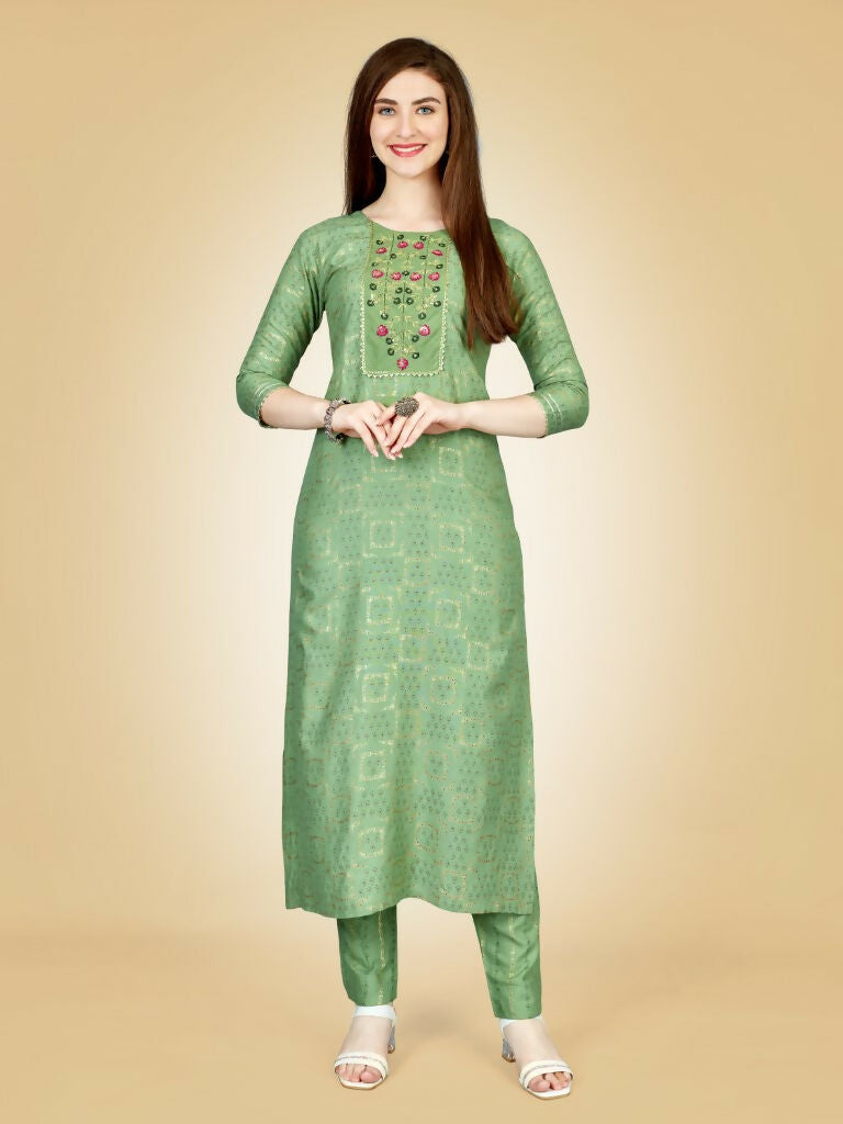 Jyoti Fashion Women's Sea Green Viscose Rayon Embroidered Kurta Pant Set