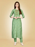 Jyoti Fashion Women's Sea Green Viscose Rayon Embroidered Kurta Pant Set