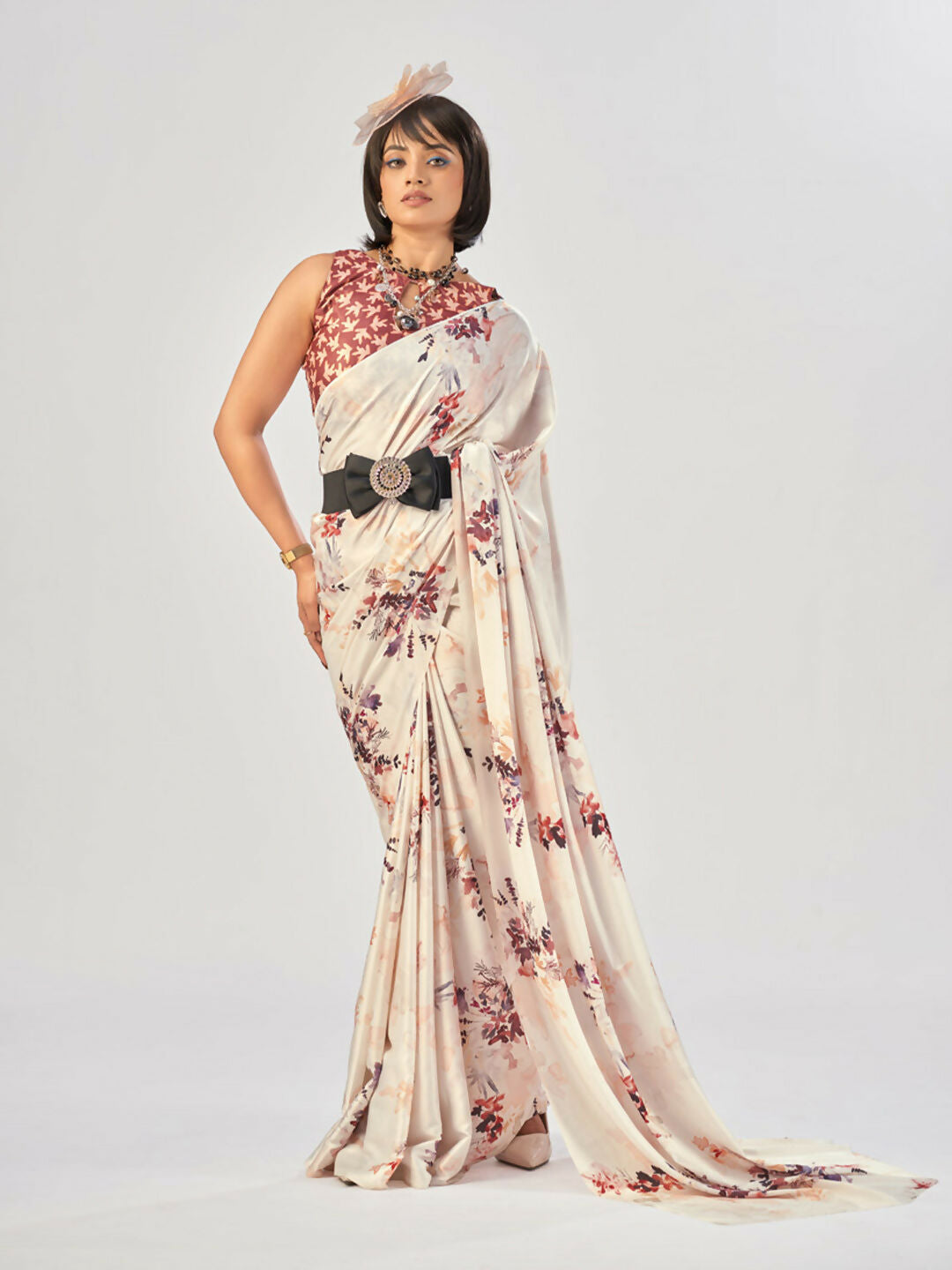 Vastranavya White Satin Silk Elegant Printed Saree with Unstitched Blouse - Distacart