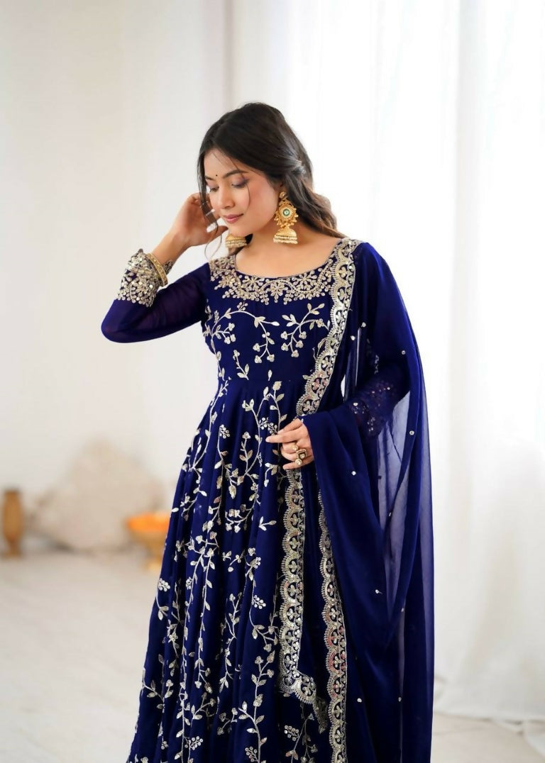 Teeya Creation Blue Color Heavy Faux Georgette Embroidery Work Gown - Distacart
