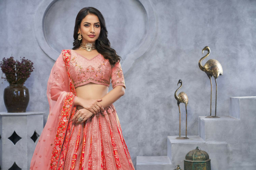 Kesar Fab Pink Organza Embroidered Lehenga