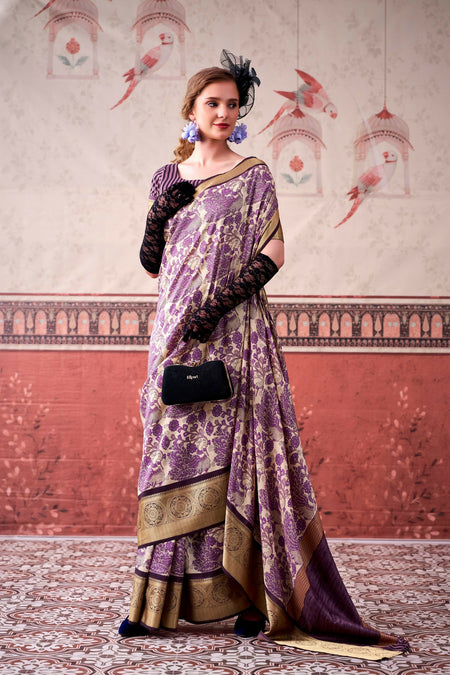 Vastranavya Lavender Tussar Silk Printed with Viscose Border Saree & Unstitched Blouse