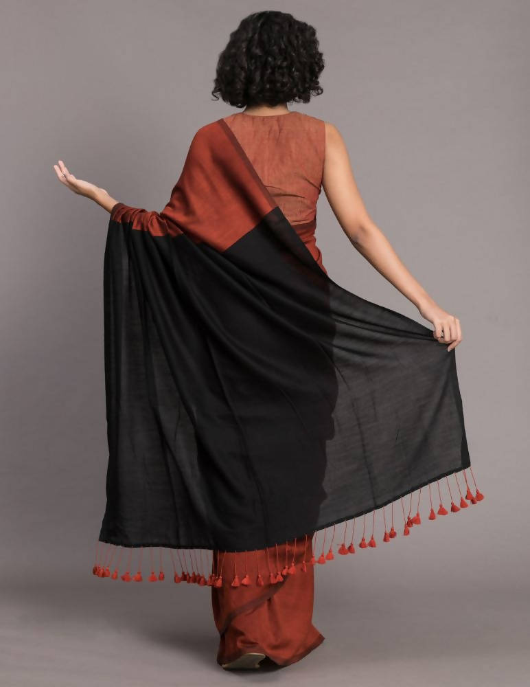 Suta Rust Brown Black Cotton Blend Colourblocked Saree - Distacart
