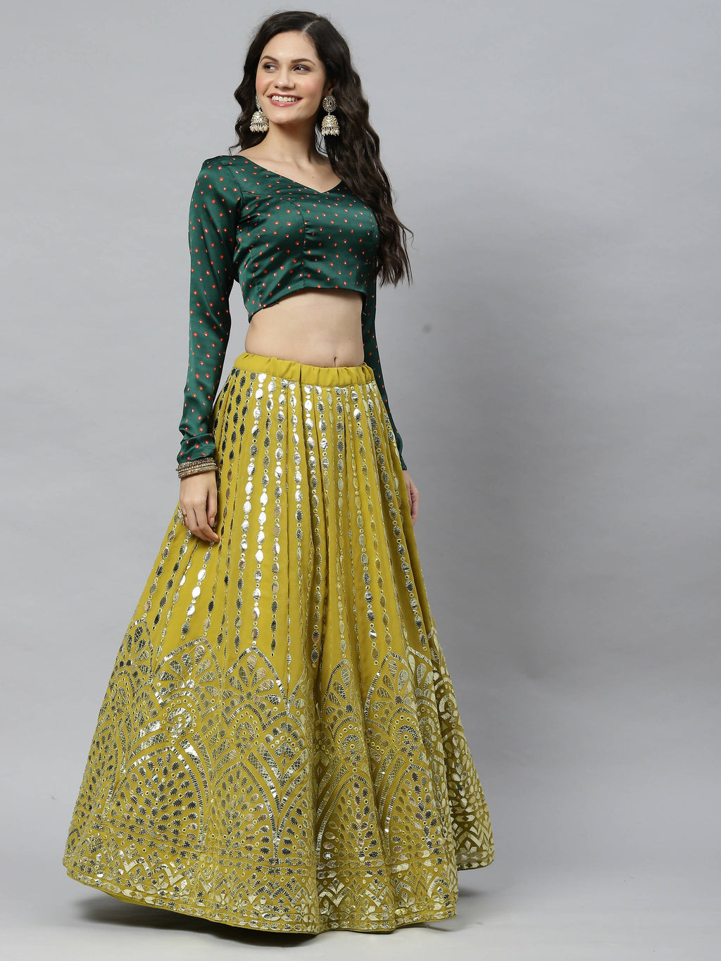 Fluorescent green Georgette Paper Mirror Embroidery Work Lehenga Choli with Dupatta - Jivika
