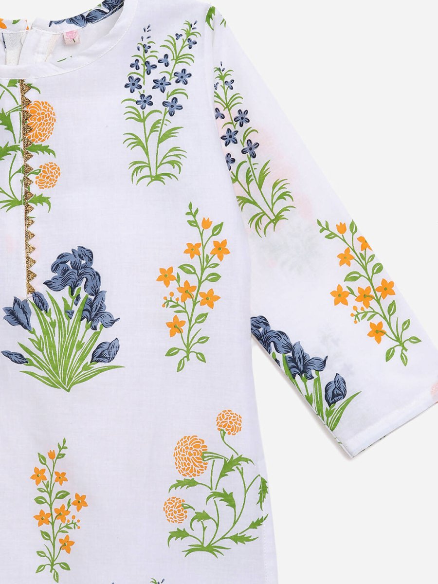 Ahalyaa White Cotton Straight Floral Printed Kids Kurta Pant Sets With Dupatta For Girls