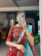 Vastranavya Kalamkari Print With Weaving Border Lehenga with Unstitched Blouse - Sky Blue