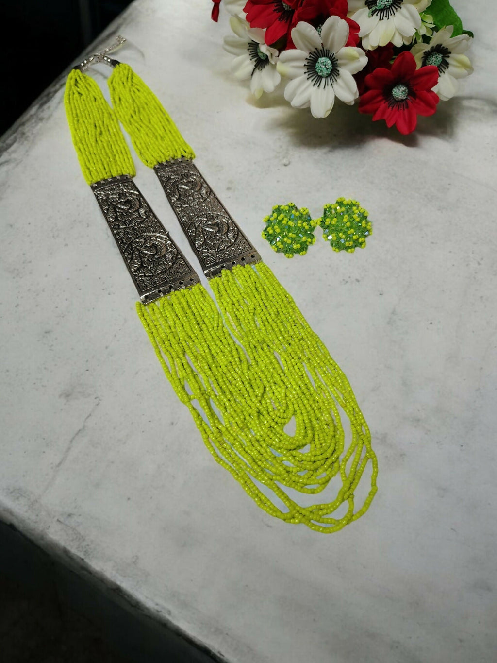 Inhanns Saree Shobha Statement Necklace & Earring Set - Neon Green Necklace With Earrings