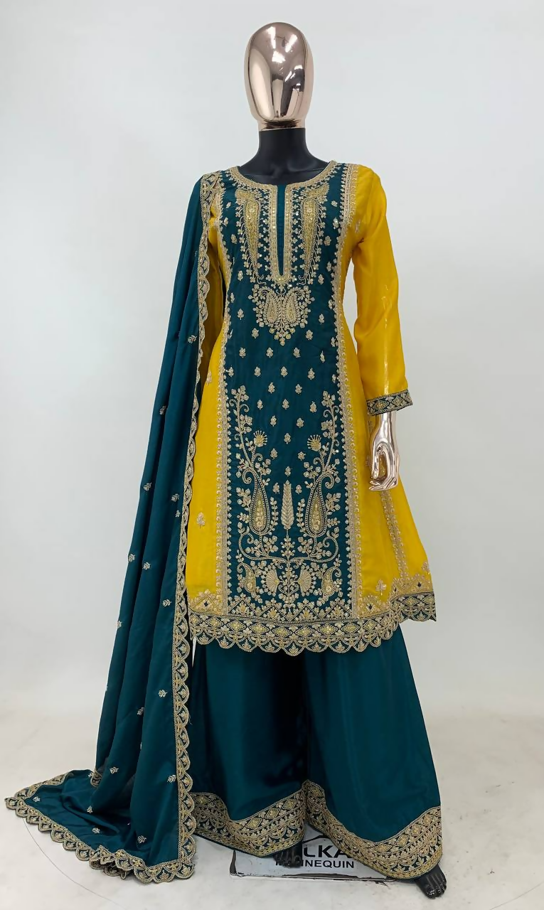 Lorenvalley Fashion Yellow and Rama Chinon Embroidery With Sequince Work Salwar Kameez Stitched