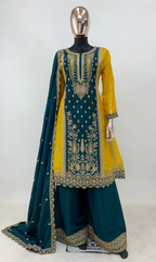 Lorenvalley Fashion Yellow and Rama Chinon Embroidery With Sequince Work Salwar Kameez Stitched