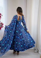 Teeya Creation Blue Faux Georgette Party Wear Digital Print Long Gown - Distacart