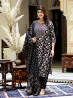 Miravan Women's Black Floral Printed Kurta Palazzo With Dupatta Set
