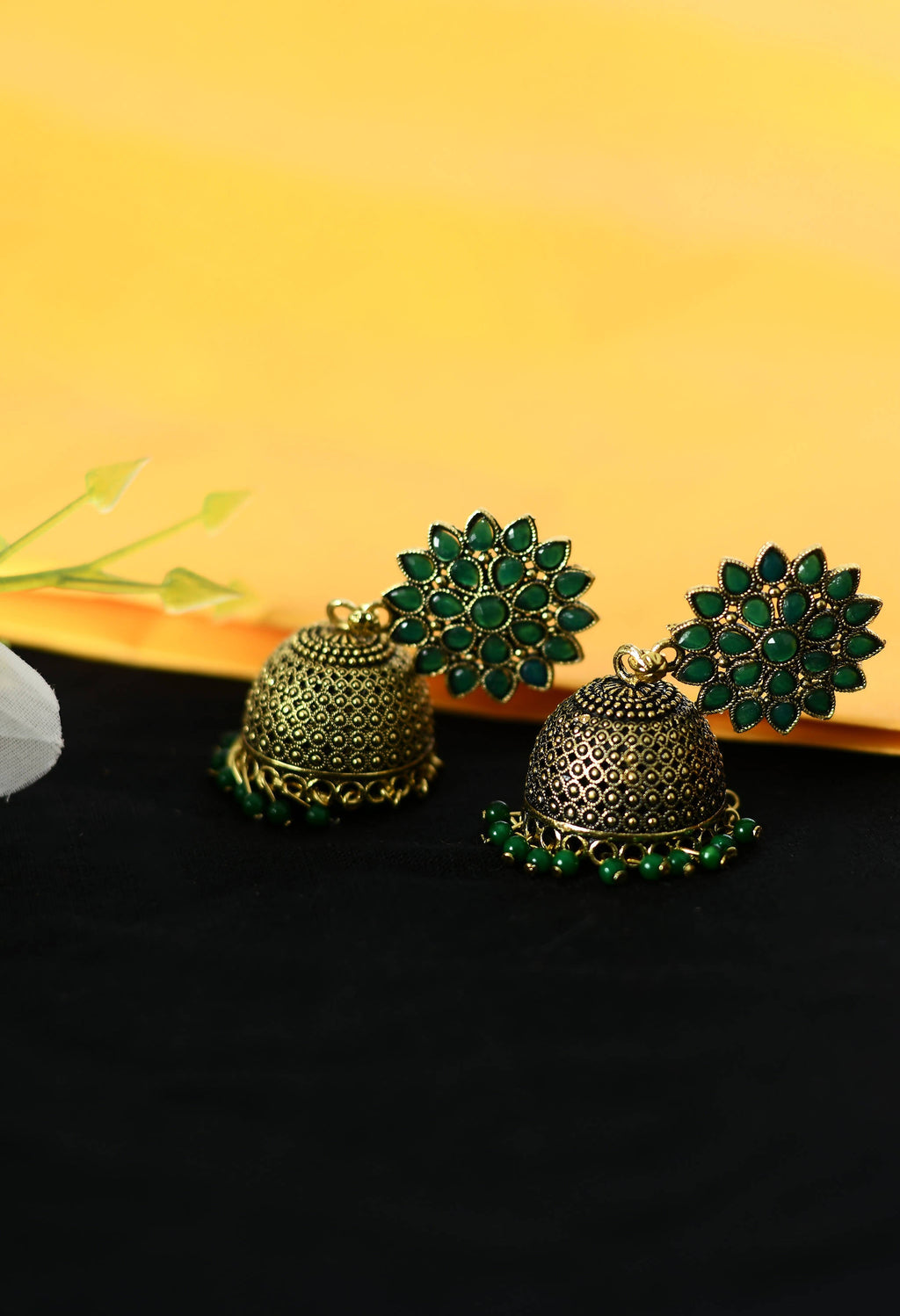 Mominos Fashion Johar Kamal Beautiful Kundan Work Jhumka With Green Beads - Distacart