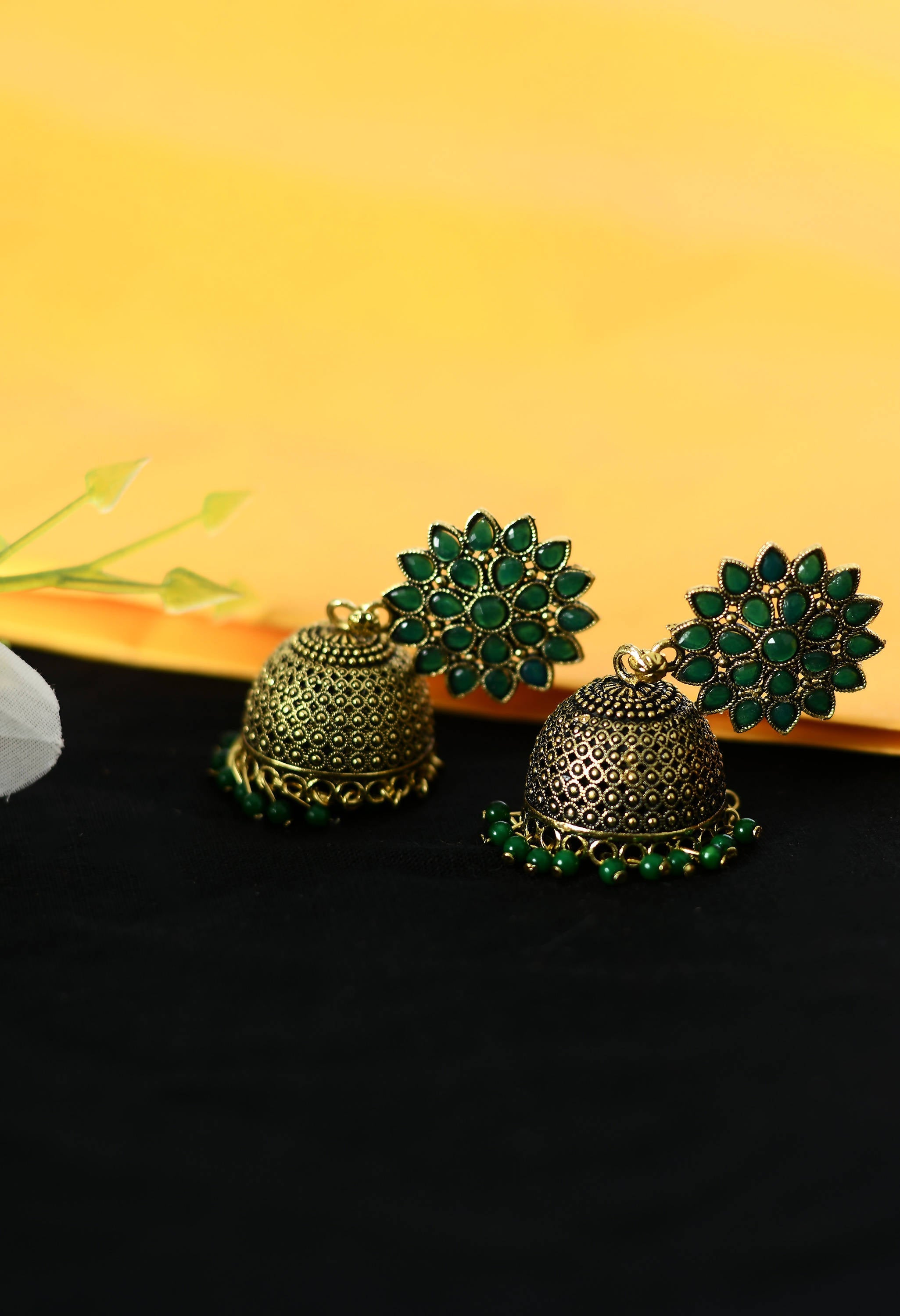 Mominos Fashion Johar Kamal Beautiful Kundan Work Jhumka With Green Beads - Distacart