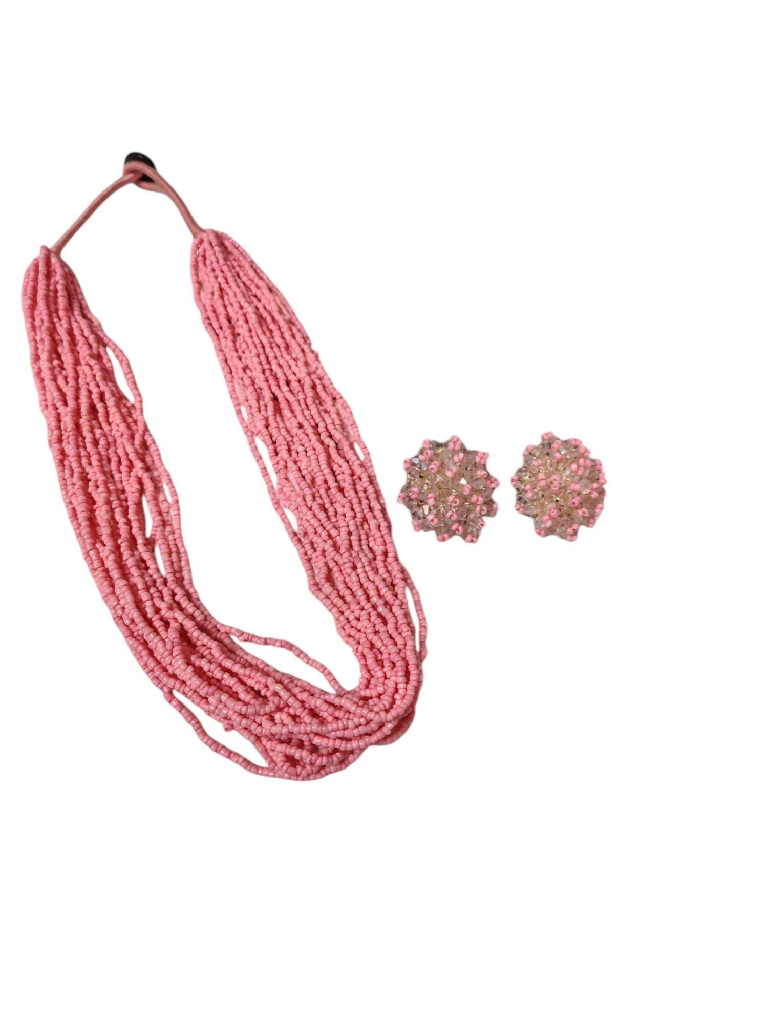 Inhanns Vibrant Handmade 20 Layers Beaded Necklace With Matching Earrings - Light Pink