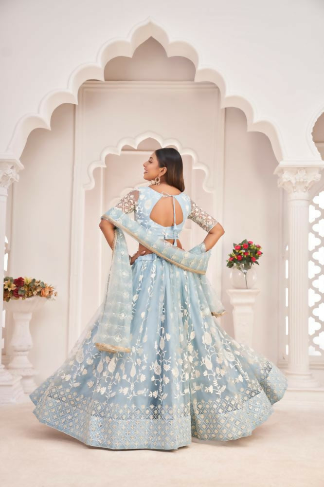 Aastha Fashion Light Sky Butterfly Net White Cotton Thread Work, Zari Work And Sandwich Sequence Work Embroidery Wedding Wear Lehenga Choli