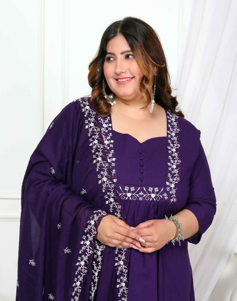 Miravan Womens Plus Size Purple Embroidered Kurta With Palazzo And Dupatta Set - Distacart